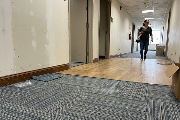 Completed multi-material commercial floor with a clean transition between carpet tile and LVT