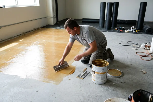 Crew applying polyurethane adhesive before laying rubber rolls