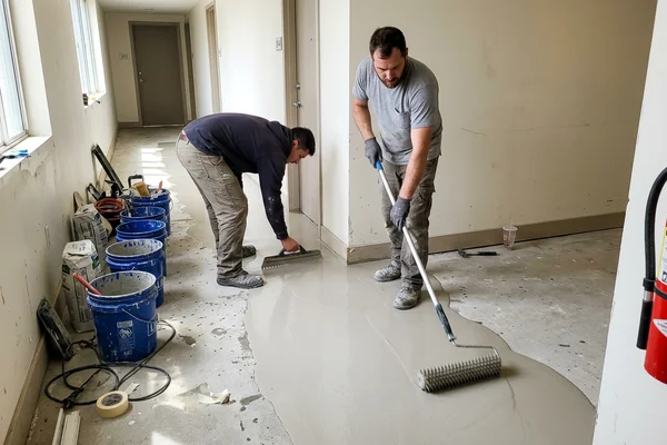 Crew spreading self-levelling underlayment across a condo corridor slab