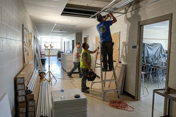 Crew working a summer shutdown window in an empty school with material staged