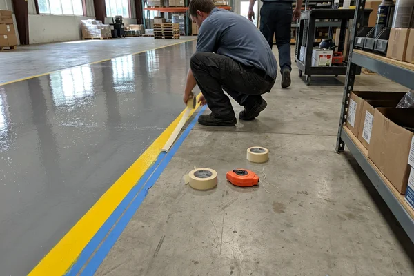 Freshly coated warehouse floor with aisle line striping being set out
