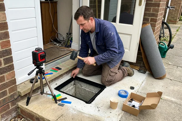 Installer setting a level frame into a prepared recess well with a laser level