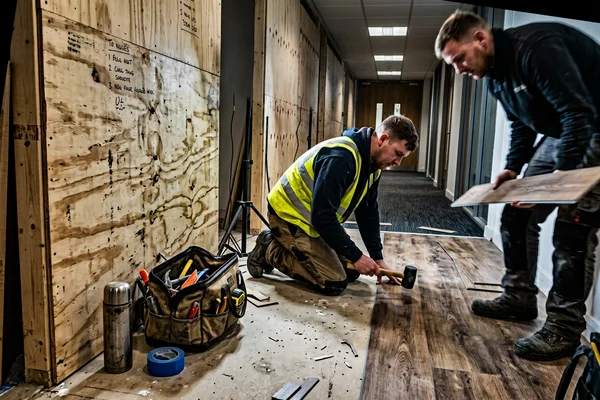 Night shift installers working behind hoarding in an occupied building