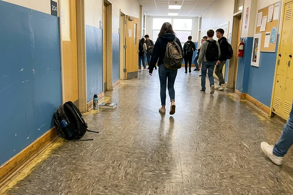 Old institutional tile with heavy wax build-up along a school corridor before replacement