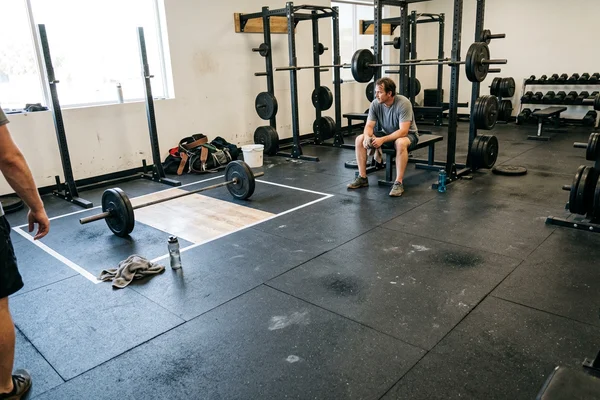 Gym space finished with new vulcanized rubber and a marked free-weight platform area