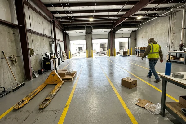 Warehouse bay after polyaspartic coating with safety aisle markings