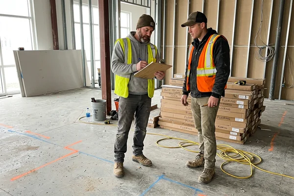 Trades coordinating on an unfinished commercial fit-out floor with cartons stacked