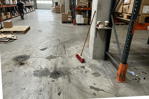 Worn and stained warehouse concrete before surface preparation
