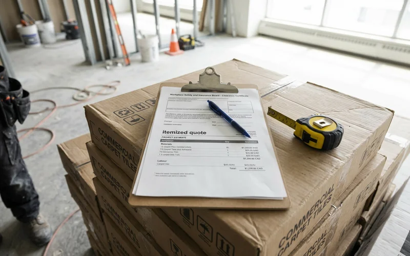 Site paperwork with WSIB clearance and an itemised CAD quote on a stack of cartons