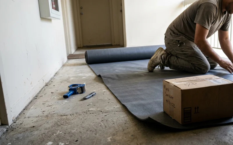 Acoustic underlayment being laid under commercial LVT on a condo corridor slab