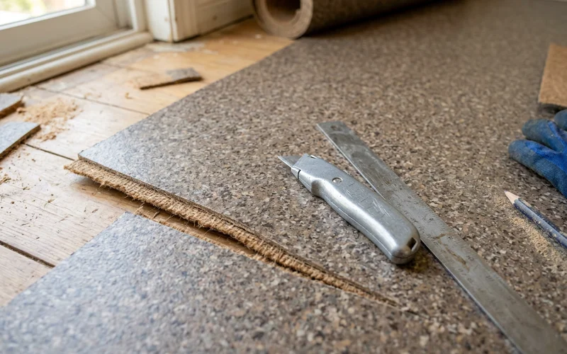 Cut Marmoleum edge showing jute backing and natural composition through the sheet