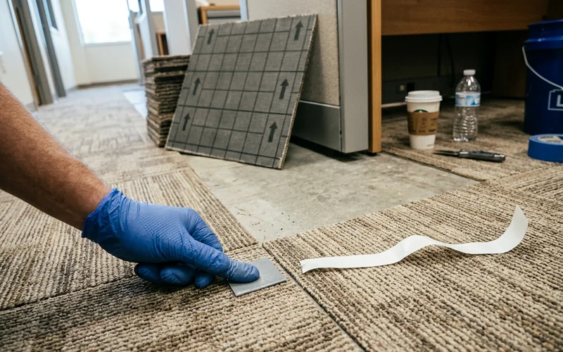 Close-up of TacTiles adhesive squares being set between carpet tiles