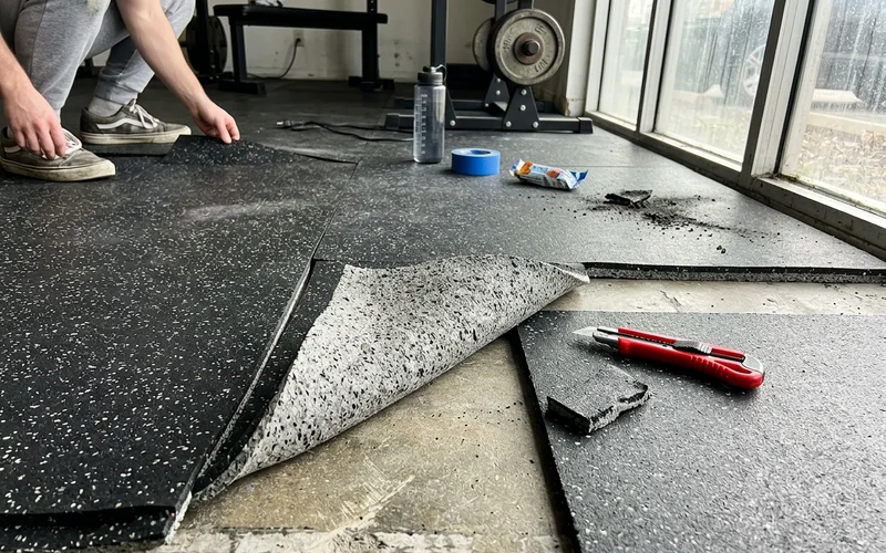Dual-layer acoustic rubber build-up showing the isolation underlayment beneath the wear surface