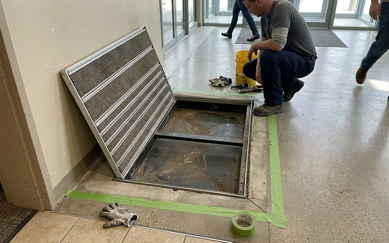 Recessed matting well showing level frame, drain pan, and grille seated flush