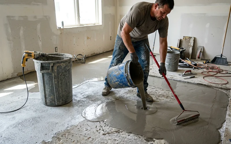 Self-levelling underlayment being poured and spread across an uneven commercial subfloor