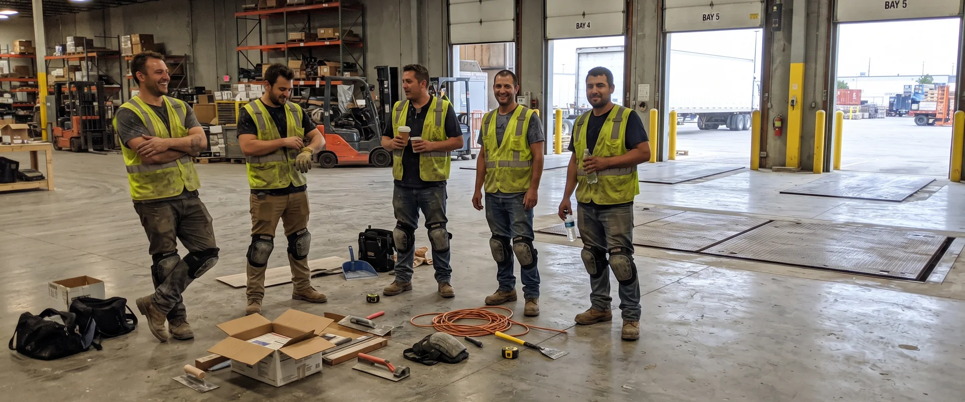 Commercial flooring crew standing on a freshly installed warehouse floor at a GTA jobsite