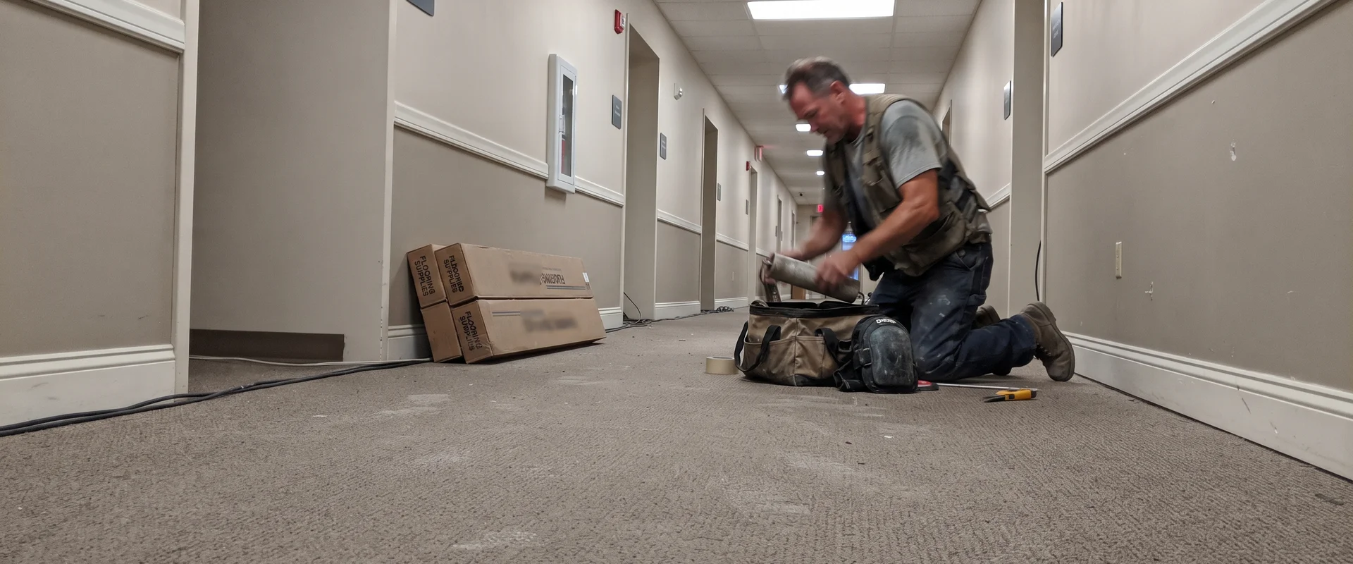 Newly installed commercial corridor floor photographed after hours