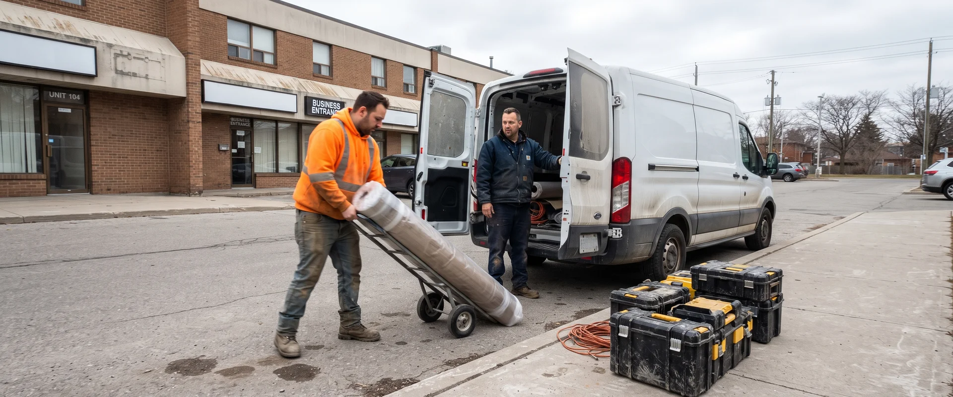Service van and crew loading flooring rolls outside a Toronto commercial building