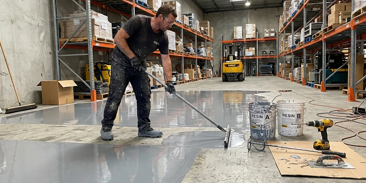 Applicator spreading resin coating across a diamond-ground warehouse slab in the GTA
