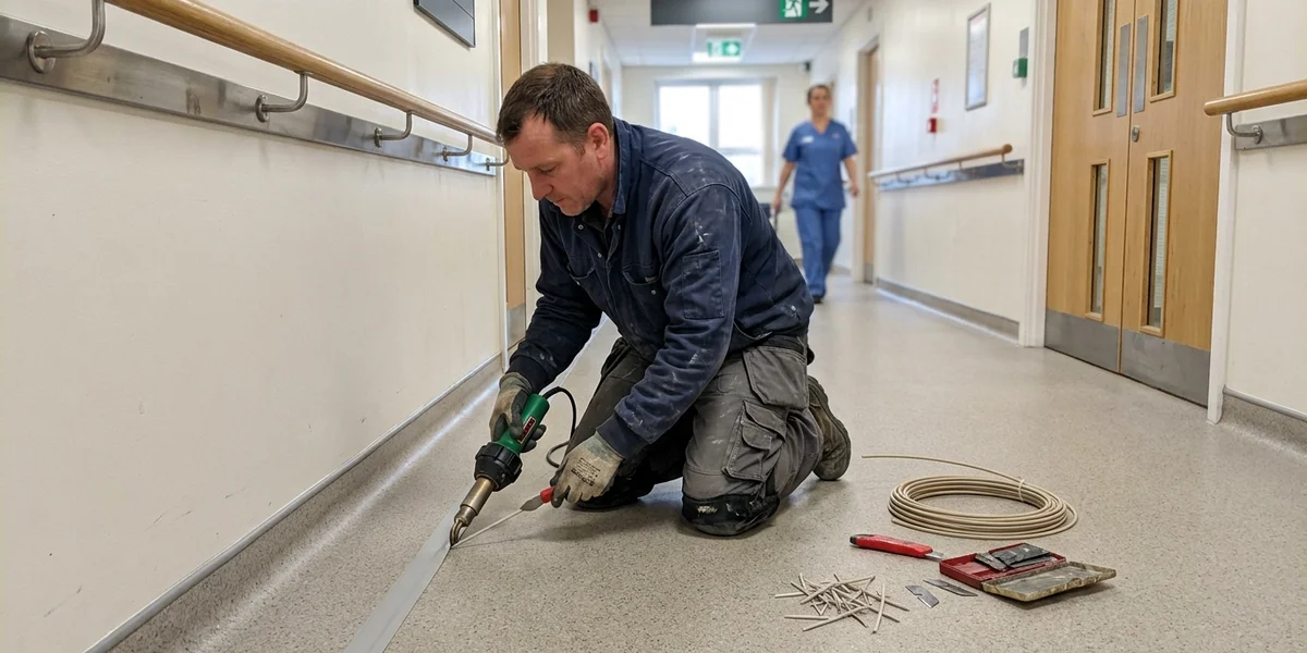 Installer hot-air welding a homogeneous sheet vinyl seam along a GTA hospital corridor