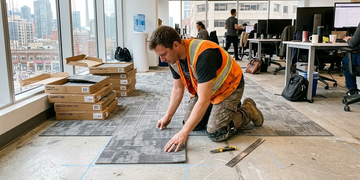 Installer setting modular carpet tile in a quarter-turn layout across a Toronto office floor