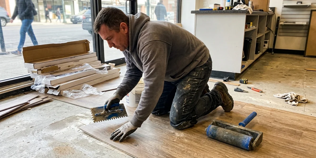 Installer rolling glue-down luxury vinyl plank into adhesive across a retail unit floor