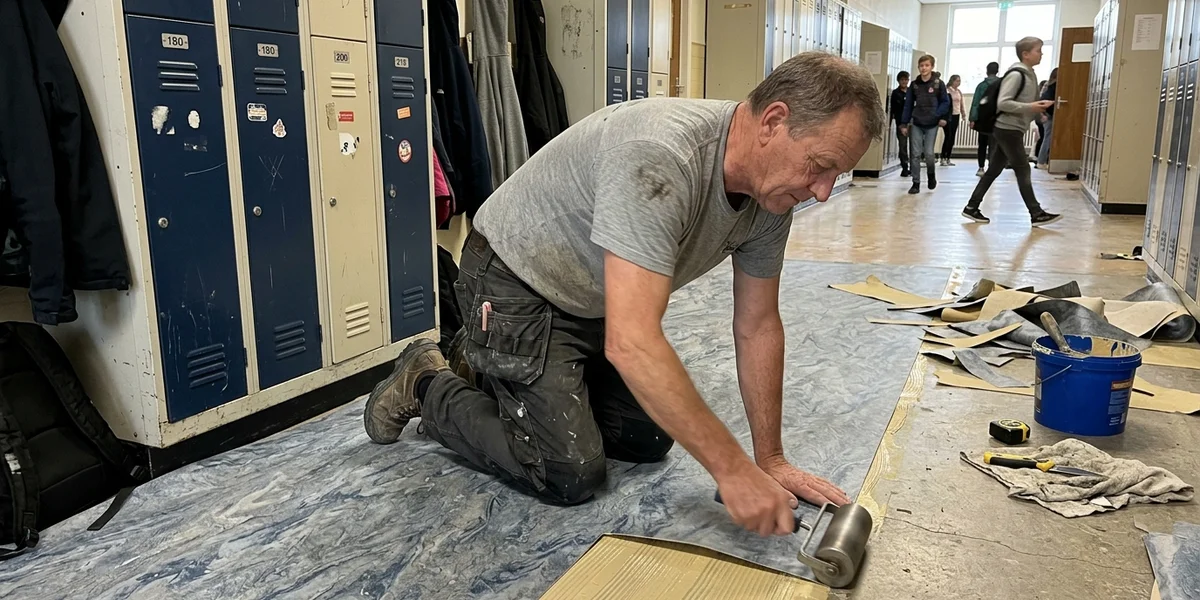 Installer rolling natural Marmoleum into adhesive along a school corridor