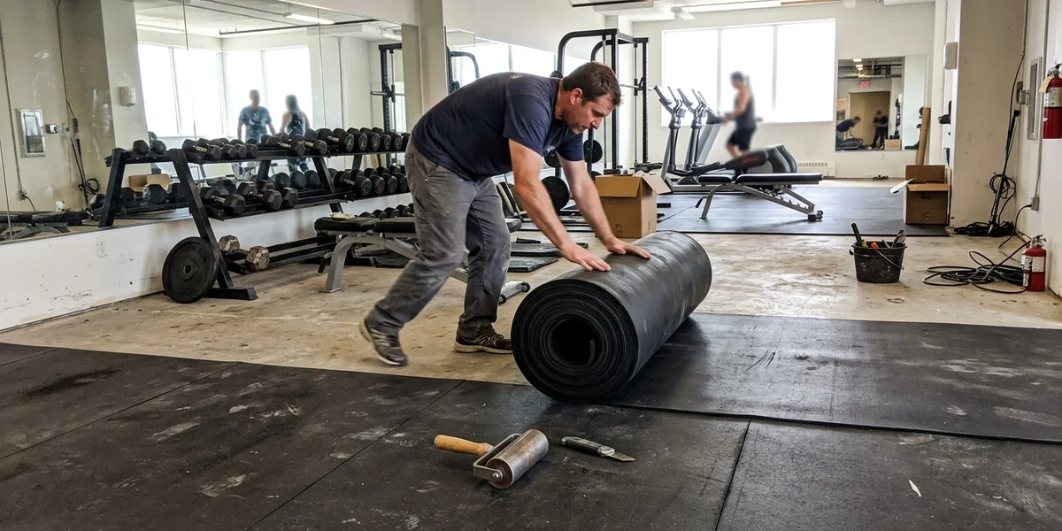 Installer unrolling vulcanized rubber across a condo amenity gym floor