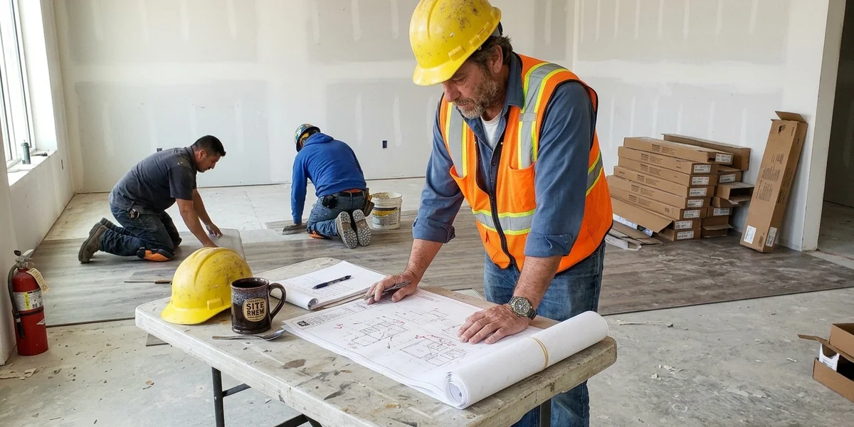 Project lead reviewing drawings on site while installers work the floor plate behind