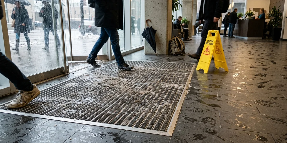 Recessed aluminum foot-grille matting set into a commercial lobby floor at the main doors