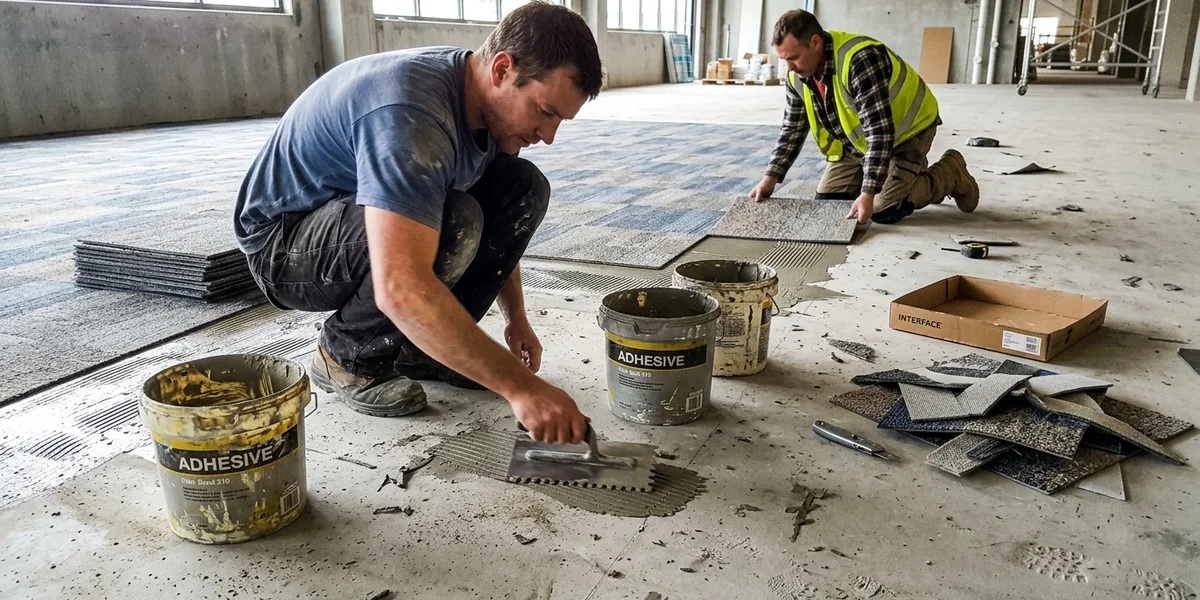 Two installers mid-install on a commercial floor plate with adhesive pails and tools