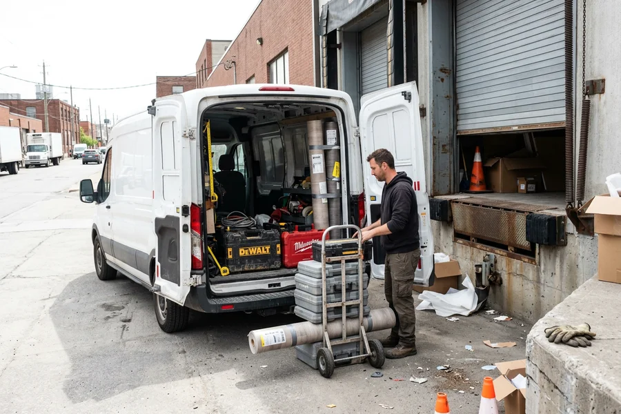 Branded commercial flooring service van with tools and material at a Toronto loading dock
