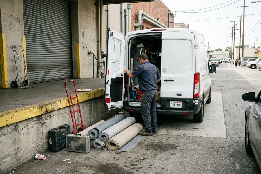 Branded service van parked at a GTA commercial loading dock with flooring rolls beside it