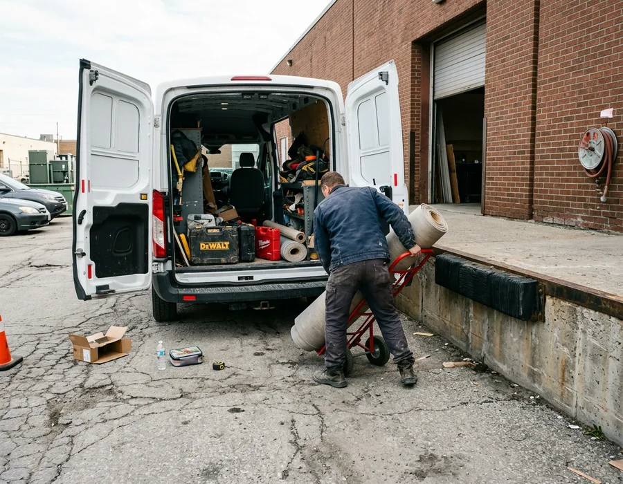 Branded service van unloading flooring rolls at a GTA commercial loading dock