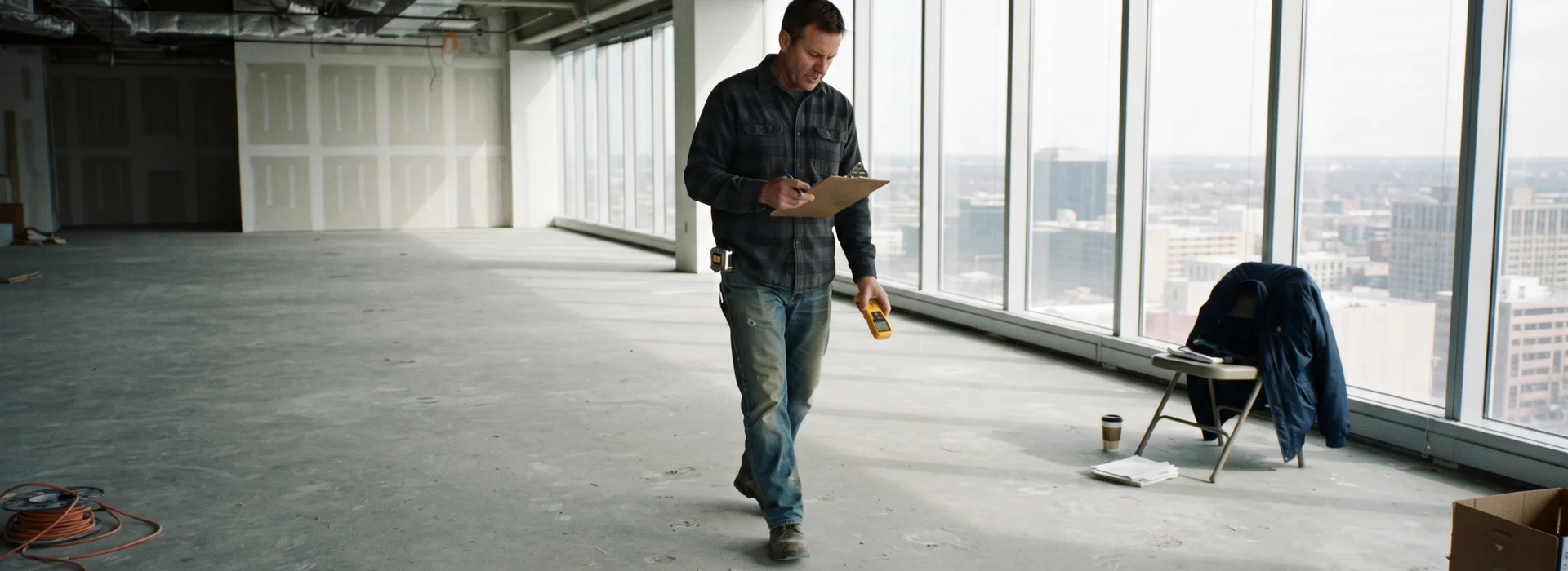 Estimator walking an empty commercial floor plate with a clipboard and moisture meter