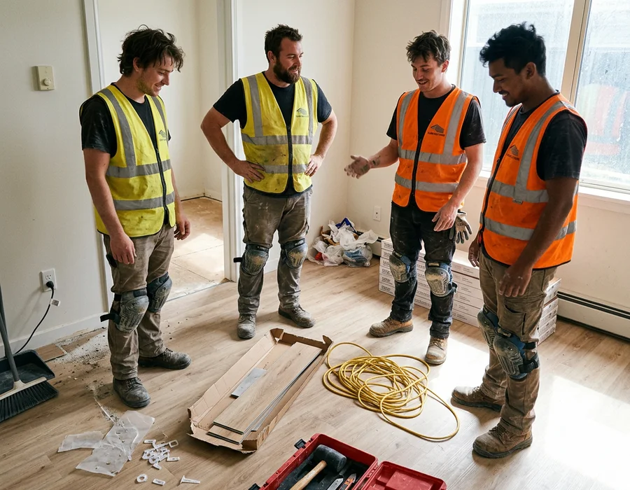 Commercial flooring crew in branded safety vests on a newly laid floor