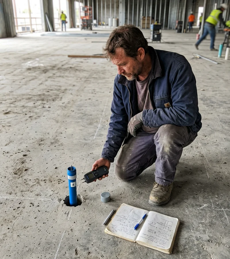 Technician taking an in-situ relative humidity reading on a bare concrete slab before installation