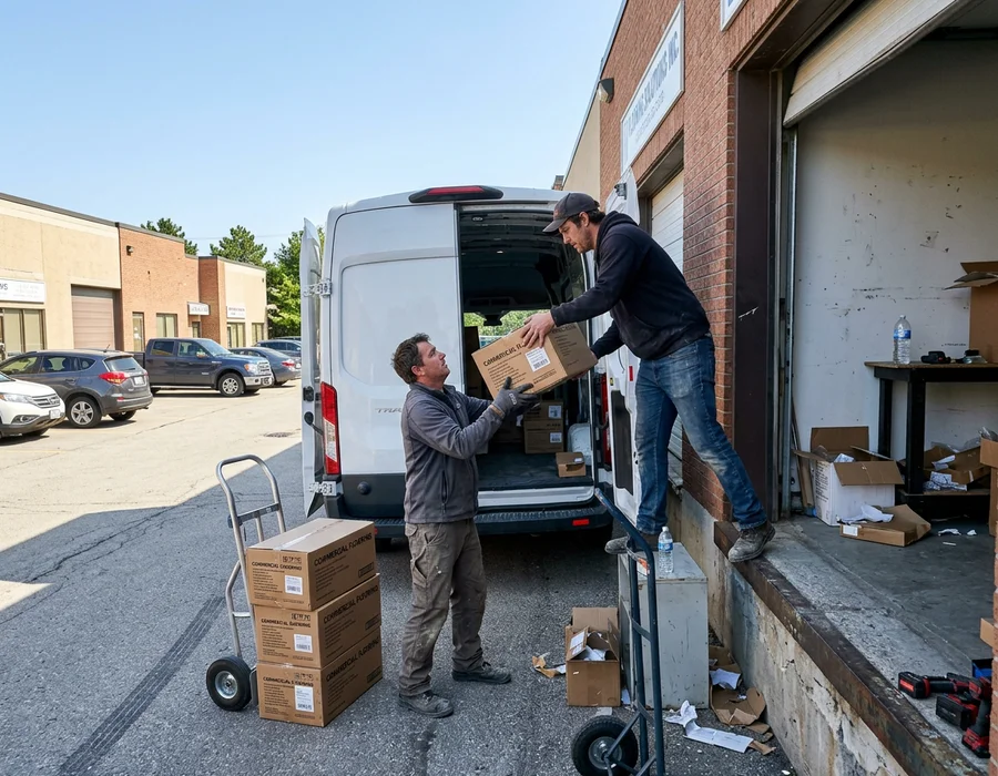 Crew unloading commercial flooring cartons at a suburban Ontario business park