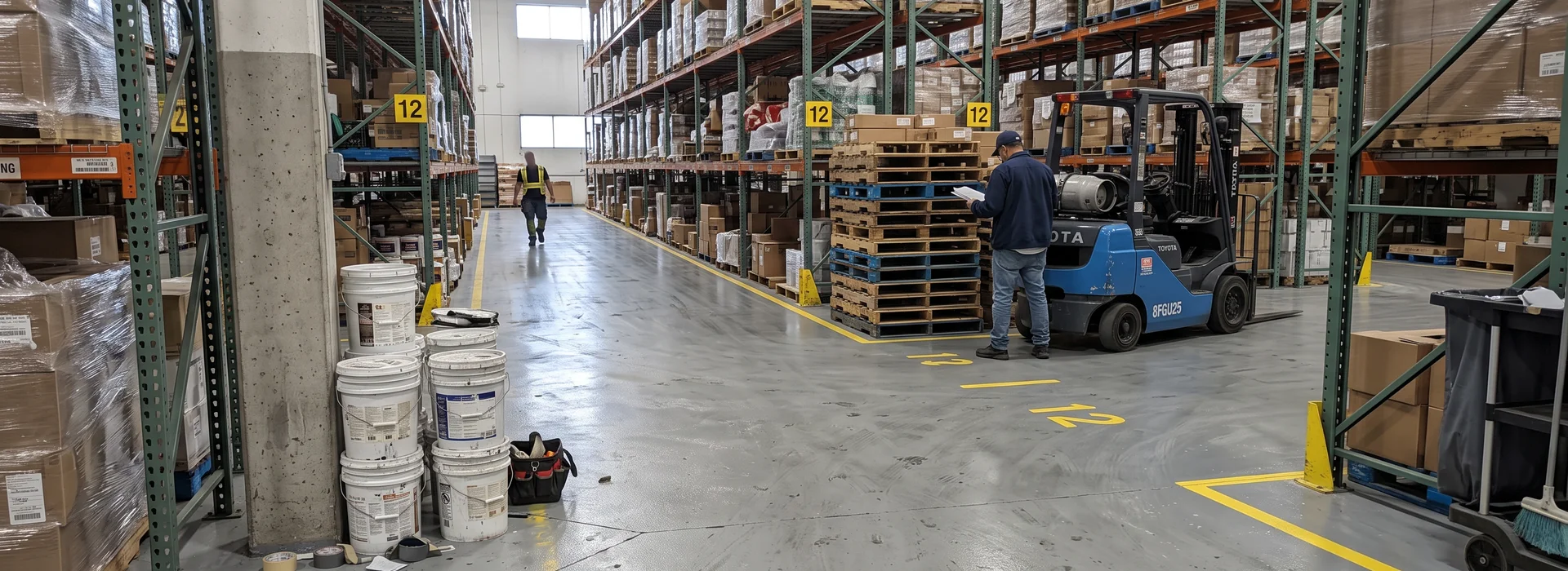 Freshly coated warehouse floor with aisle line striping at a GTA distribution centre